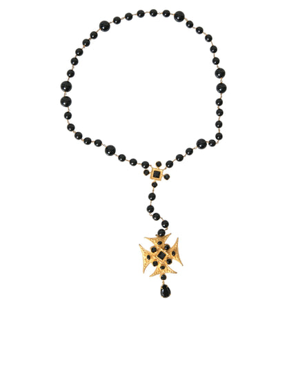 Dolce & Gabbana Gold Tone Brass Cross Black Beaded Chain Rosary Necklace Dolce & Gabbana