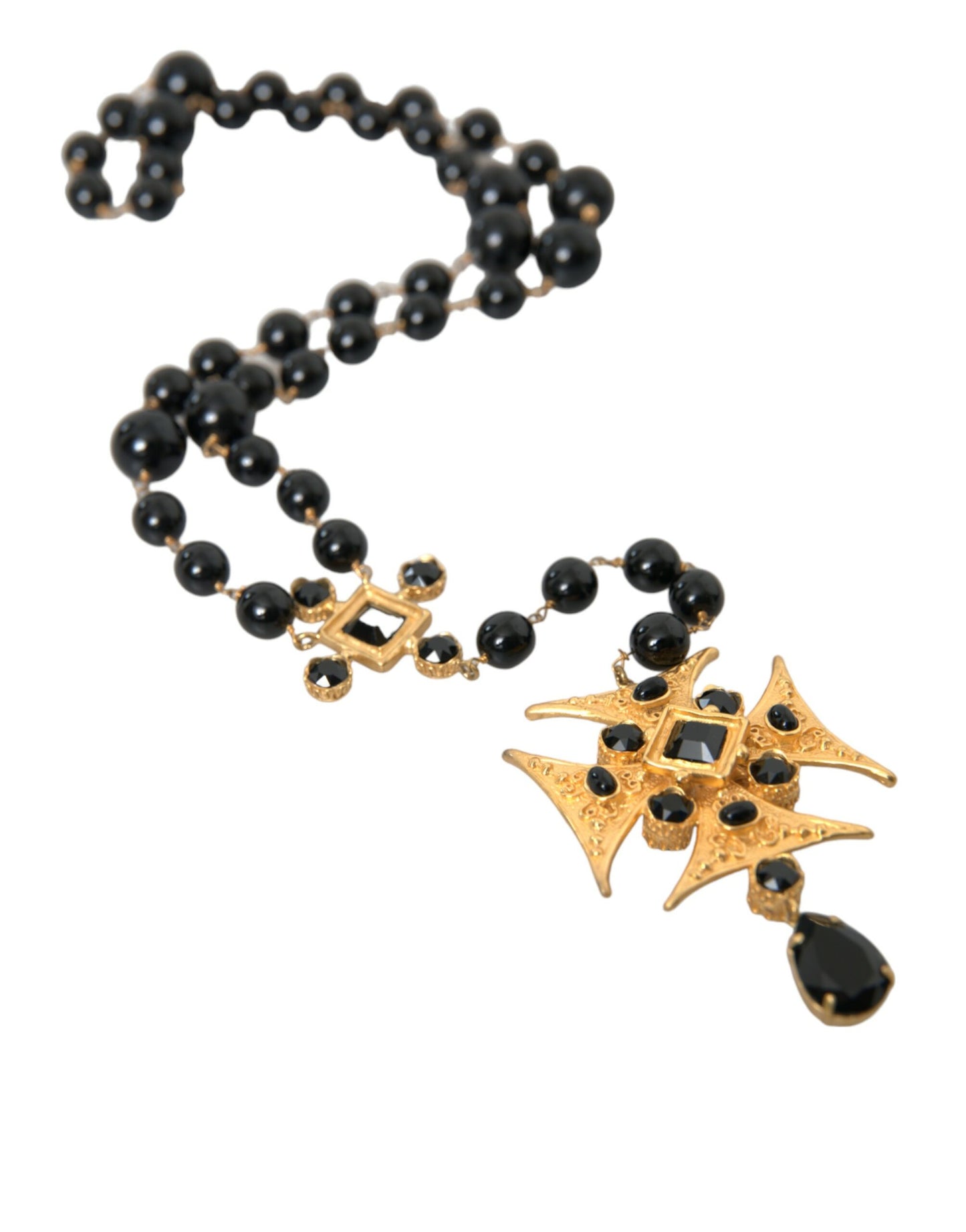 Dolce & Gabbana Gold Tone Brass Cross Black Beaded Chain Rosary Necklace Dolce & Gabbana