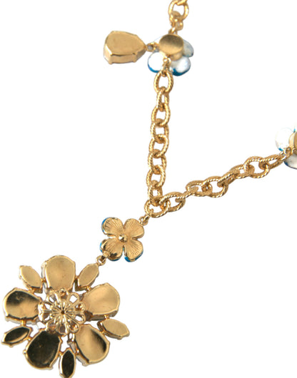 Dolce & Gabbana Gold Brass Chain Crystal Floral Pendant Charm Necklace Dolce & Gabbana