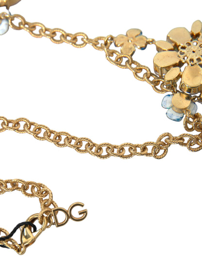 Dolce & Gabbana Gold Brass Chain Crystal Floral Pendant Charm Necklace Dolce & Gabbana