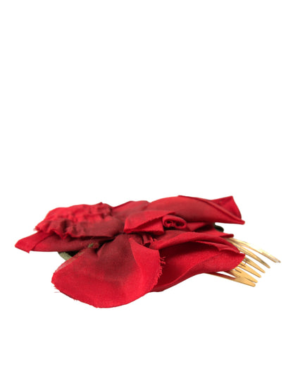 Dolce & Gabbana Red Silk Floral Gold Brass Women Hair Comb Dolce & Gabbana