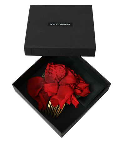 Dolce & Gabbana Red Silk Floral Gold Brass Women Hair Comb Dolce & Gabbana