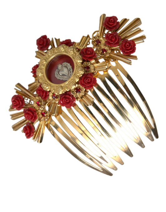 Dolce & Gabbana Gold Brass Crystal Heart Floral Hair Comb Dolce & Gabbana