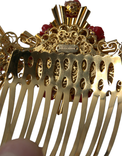 Dolce & Gabbana Gold Brass Crystal Heart Floral Hair Comb Dolce & Gabbana