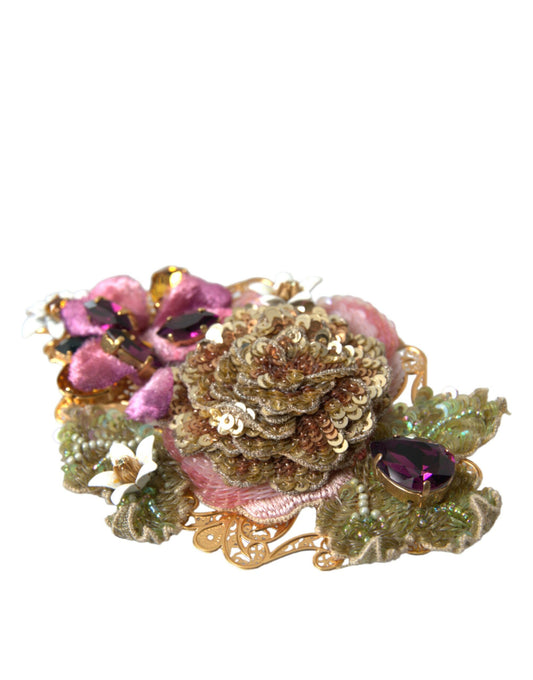 Dolce & Gabbana Gold Brass Floral Crystal Sequined Hair Clip Dolce & Gabbana