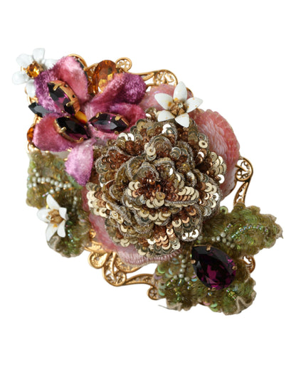 Dolce & Gabbana Gold Brass Floral Crystal Sequined Hair Clip Dolce & Gabbana