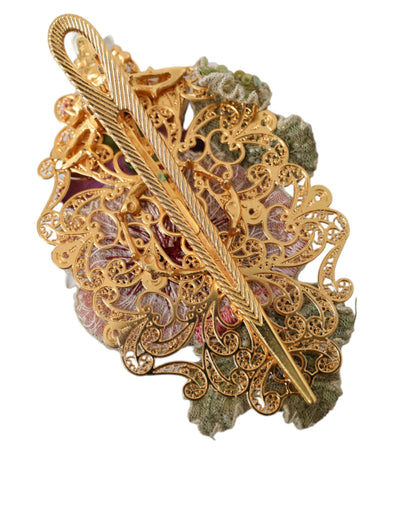 Dolce & Gabbana Gold Brass Floral Crystal Sequined Hair Clip Dolce & Gabbana