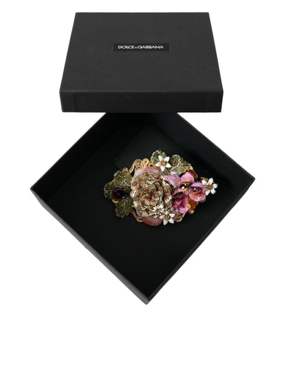 Dolce & Gabbana Gold Brass Floral Crystal Sequined Hair Clip Dolce & Gabbana