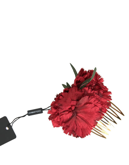 Dolce & Gabbana Red Silk Floral Gold Brass Women Hair Comb Dolce & Gabbana