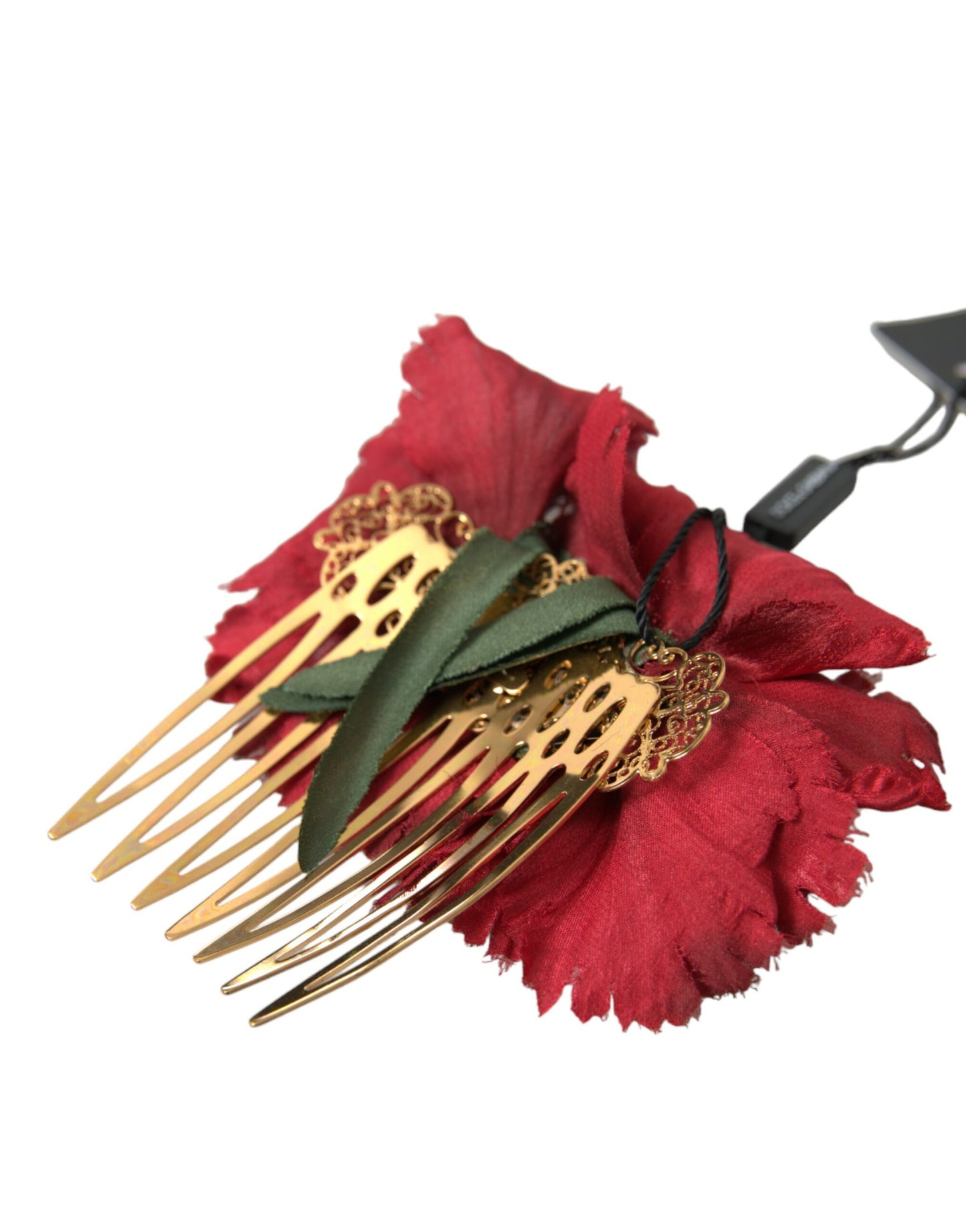 Dolce & Gabbana Red Silk Floral Gold Brass Women Hair Comb Dolce & Gabbana