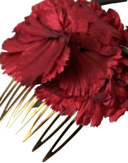 Dolce & Gabbana Red Silk Floral Gold Brass Women Hair Comb Dolce & Gabbana