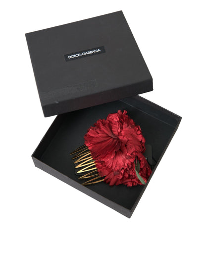 Dolce & Gabbana Red Silk Floral Gold Brass Women Hair Comb Dolce & Gabbana