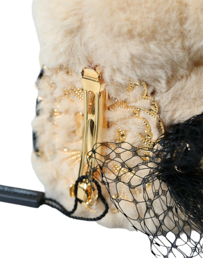 Dolce & Gabbana Beige Teddy Bear Mesh Net Band Hair Clip Dolce & Gabbana