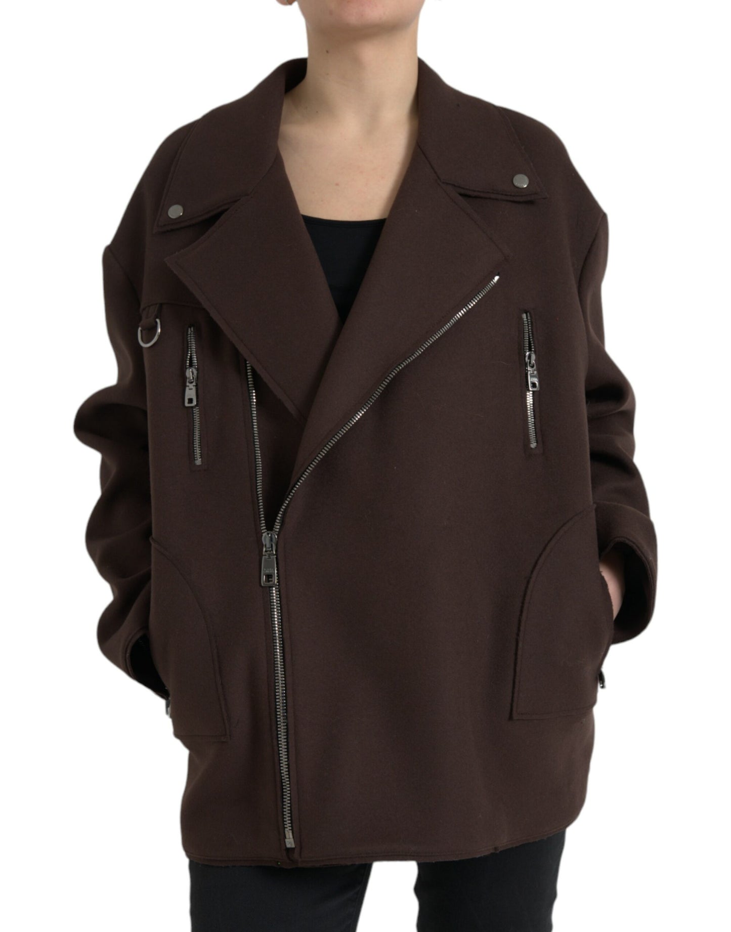 Dolce & Gabbana Brown Coat Short Biker Wool Jacket Dolce & Gabbana