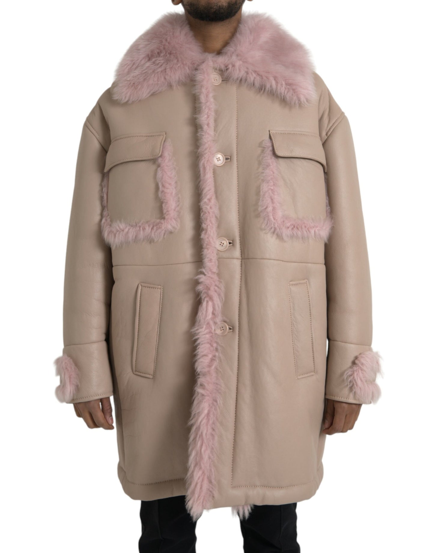 Dolce & Gabbana Beige Pink Lamb Leather Shearling Coat Jacket Dolce & Gabbana