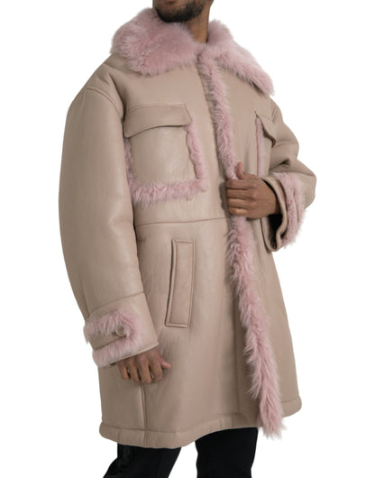 Dolce & Gabbana Beige Pink Lamb Leather Shearling Coat Jacket Dolce & Gabbana