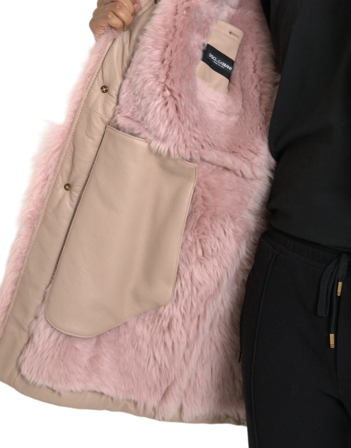 Dolce & Gabbana Beige Pink Lamb Leather Shearling Coat Jacket Dolce & Gabbana