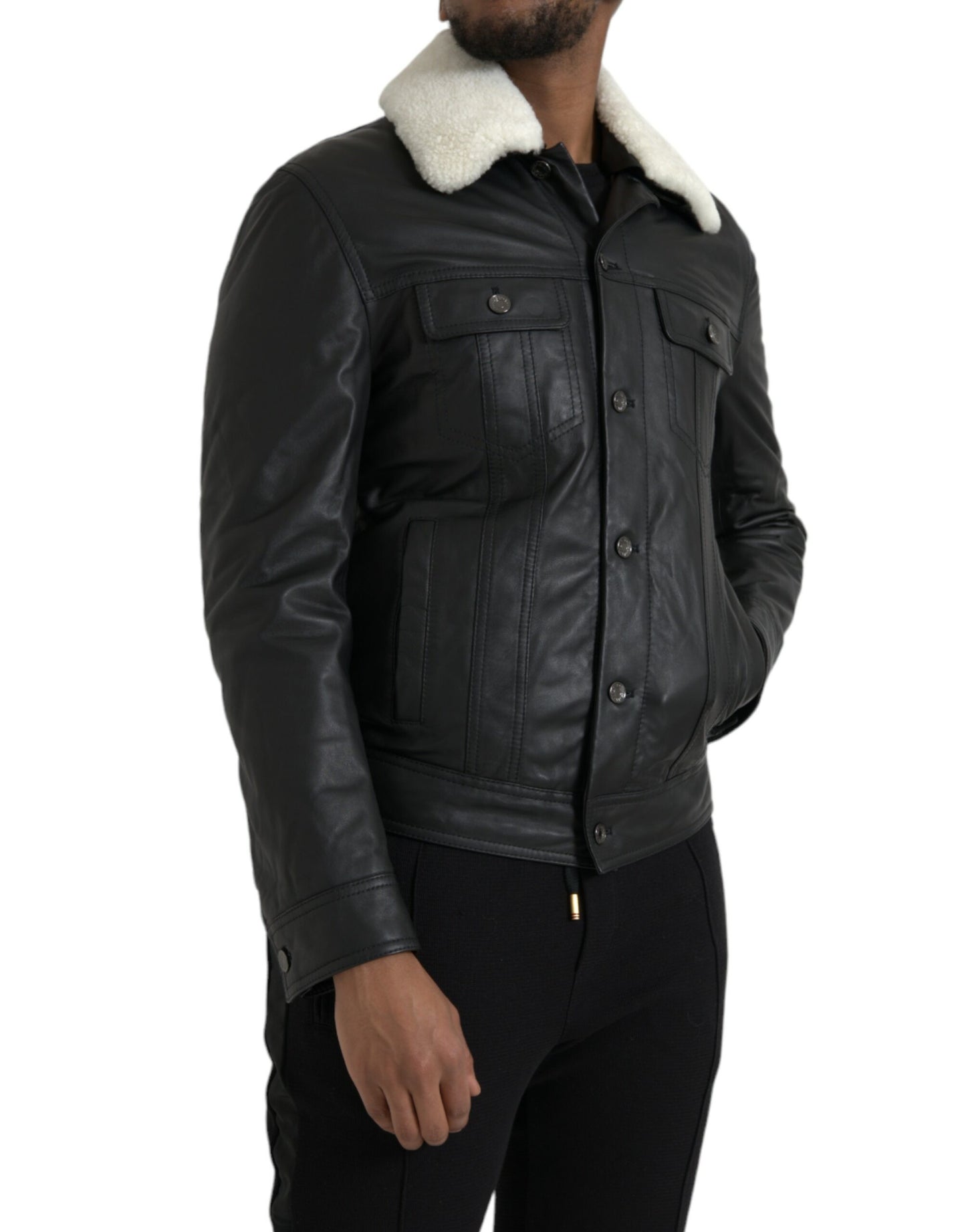 Dolce & Gabbana Black Leather Fur Collar Biker Coat Jacket Dolce & Gabbana