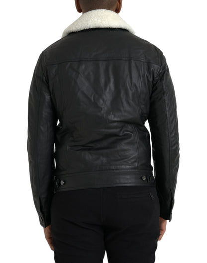 Dolce & Gabbana Black Leather Fur Collar Biker Coat Jacket Dolce & Gabbana