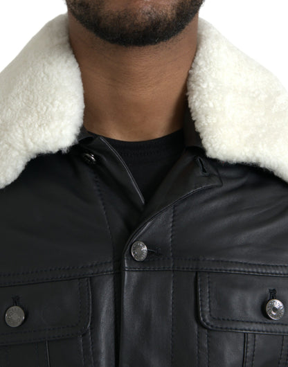 Dolce & Gabbana Black Leather Fur Collar Biker Coat Jacket Dolce & Gabbana