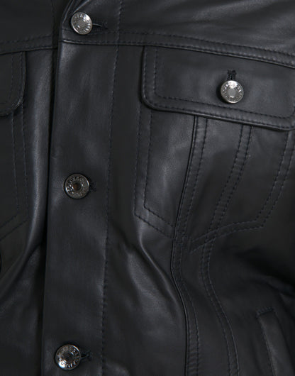 Dolce & Gabbana Black Leather Fur Collar Biker Coat Jacket Dolce & Gabbana