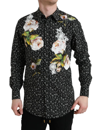 Dolce & Gabbana Black Floral Men Formal Dress GOLD Shirt Dolce & Gabbana