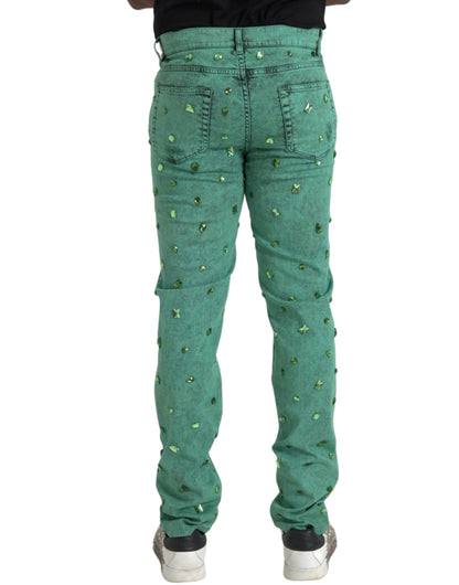 Dolce & Gabbana Green Crystals Cotton Stretch Slim Jeans Dolce & Gabbana