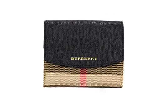 Burberry Luna Black Grained Leather House Check Canvas Coin Pouch Snap Wallet Burberry