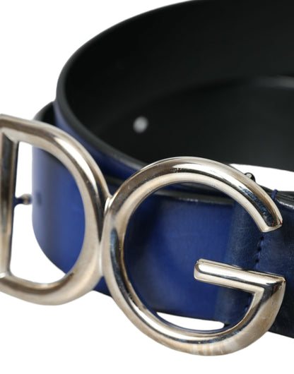 Dolce & Gabbana Blue Leather Silver Metal Logo Buckle Belt Men Dolce & Gabbana