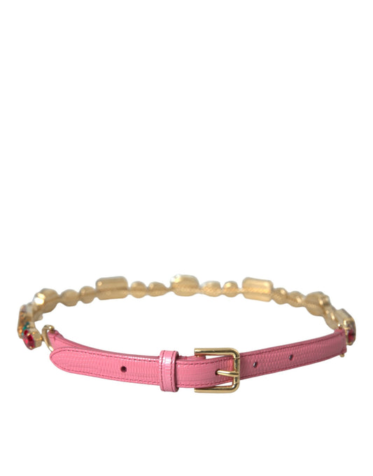 Dolce & Gabbana Pink Leather Crystal Chain Embellished Belt Dolce & Gabbana