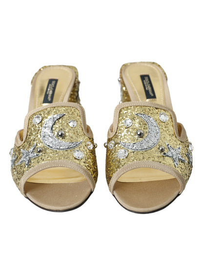 Dolce & Gabbana Gold Sequin Leather Heels Sandals Shoes Dolce & Gabbana