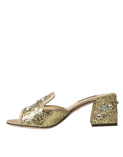 Dolce & Gabbana Gold Sequin Leather Heels Sandals Shoes Dolce & Gabbana