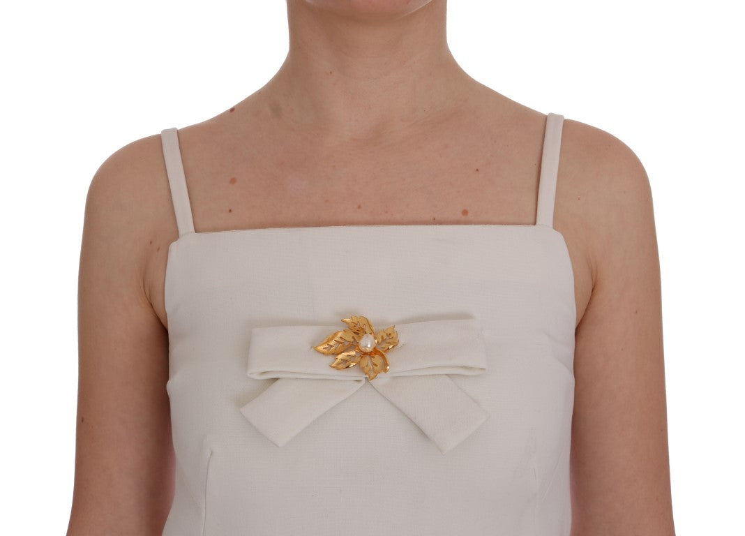 Dolce & Gabbana Elegant White Wool Shift Dress with Gold Brooch Dolce & Gabbana