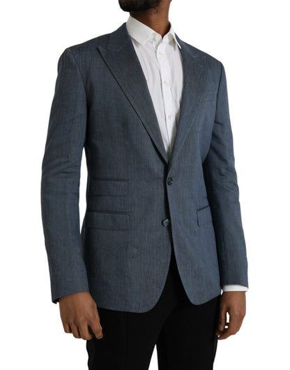 Dolce & Gabbana Blue Linen NAPOLI Single Breasted Coat Blazer Dolce & Gabbana