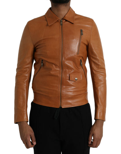 Dolce & Gabbana Brown Lamb Leather Full Zip Blouson Jacket Dolce & Gabbana