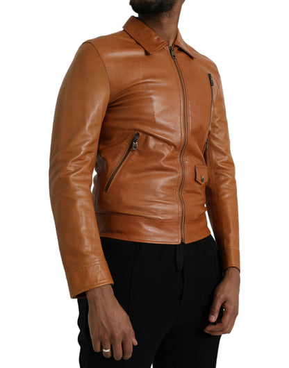 Dolce & Gabbana Brown Lamb Leather Full Zip Blouson Jacket Dolce & Gabbana