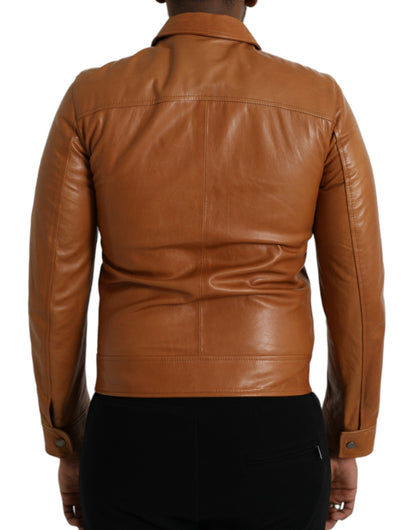 Dolce & Gabbana Brown Lamb Leather Full Zip Blouson Jacket Dolce & Gabbana