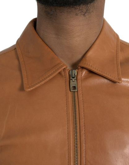 Dolce & Gabbana Brown Lamb Leather Full Zip Blouson Jacket Dolce & Gabbana