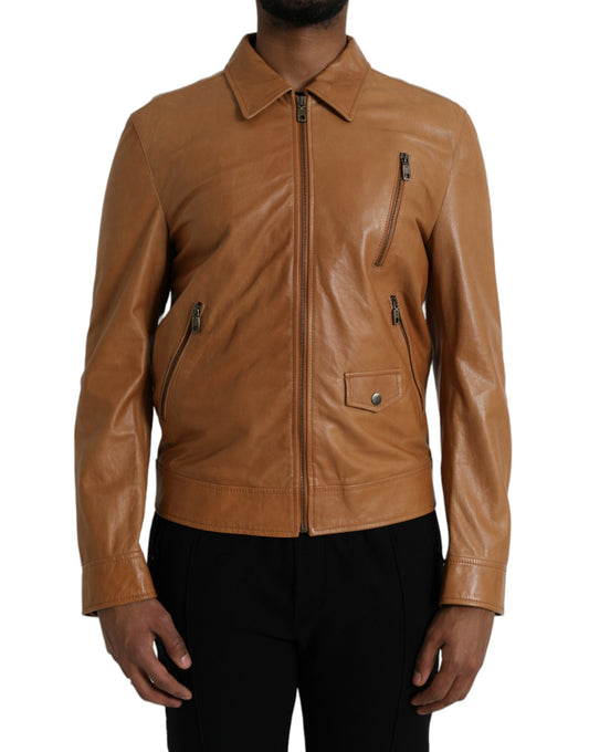 Dolce & Gabbana Brown Lamb Leather Full Zip Blouson Jacket Dolce & Gabbana