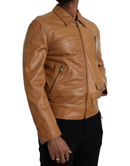 Dolce & Gabbana Brown Lamb Leather Full Zip Blouson Jacket Dolce & Gabbana