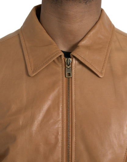 Dolce & Gabbana Brown Lamb Leather Full Zip Blouson Jacket Dolce & Gabbana