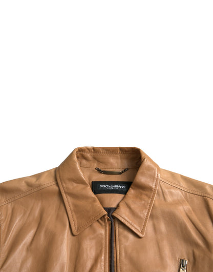 Dolce & Gabbana Brown Lamb Leather Full Zip Blouson Jacket Dolce & Gabbana