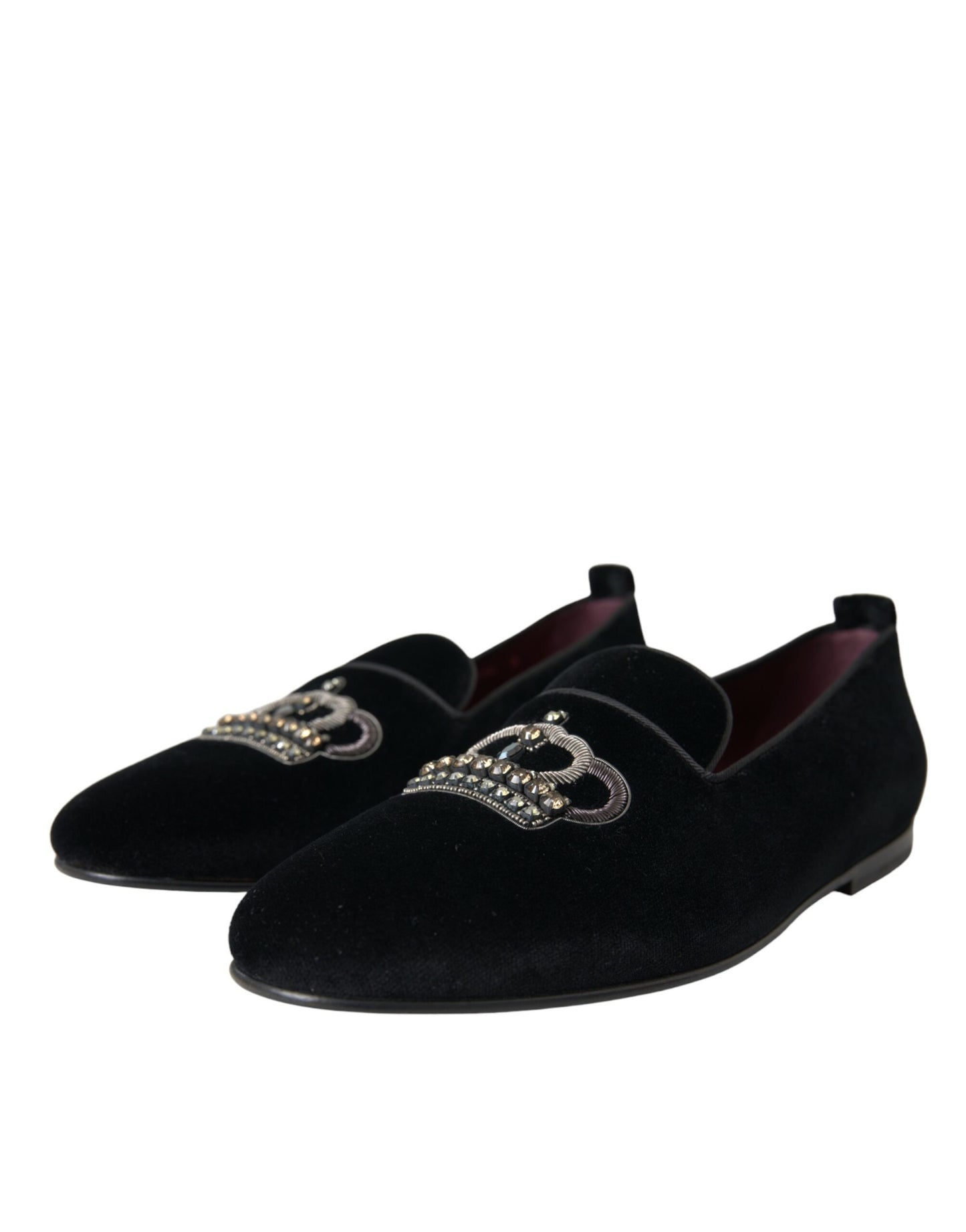 Dolce & Gabbana Black Velvet Crystal Crown Men Loafers Shoes Dolce & Gabbana