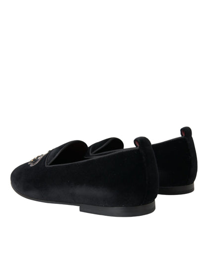 Dolce & Gabbana Black Velvet Crystal Crown Men Loafers Shoes Dolce & Gabbana