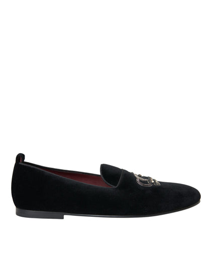 Dolce & Gabbana Black Velvet Crystal Crown Men Loafers Shoes Dolce & Gabbana