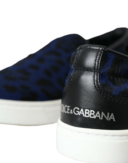 Dolce & Gabbana Blue Calfskin Hair Leopard Sneakers Shoes Dolce & Gabbana