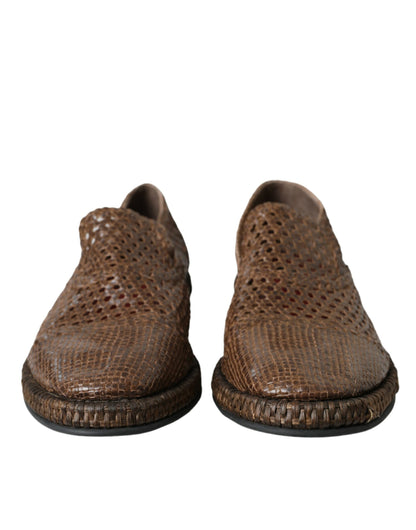 Dolce & Gabbana Brown Woven Leather Loafers Casual Shoes Dolce & Gabbana