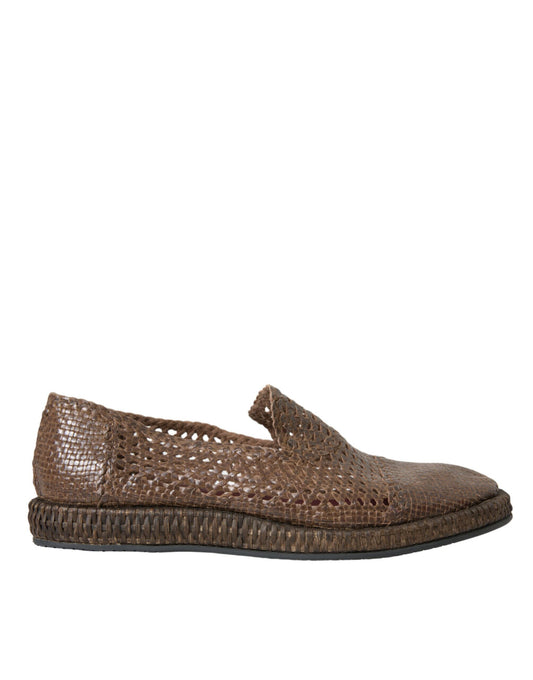 Dolce & Gabbana Brown Woven Leather Loafers Casual Shoes Dolce & Gabbana