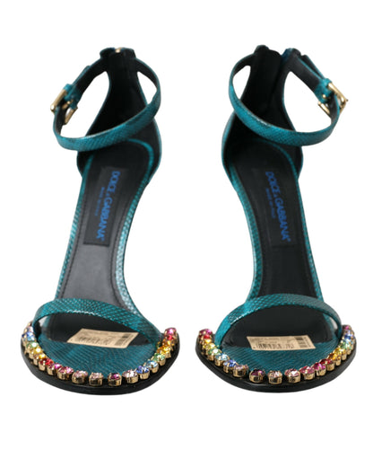 Dolce & Gabbana Blue Exotic Leather Crystal Sandals Shoes Dolce & Gabbana