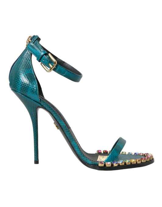 Dolce & Gabbana Blue Exotic Leather Crystal Sandals Shoes Dolce & Gabbana